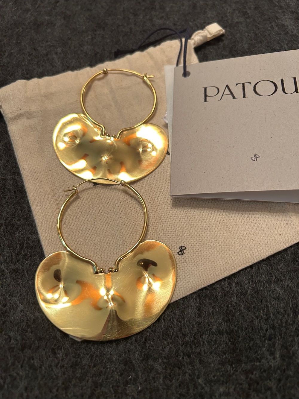 Patou Small Hammered Brass Hoop Earrings, NEW